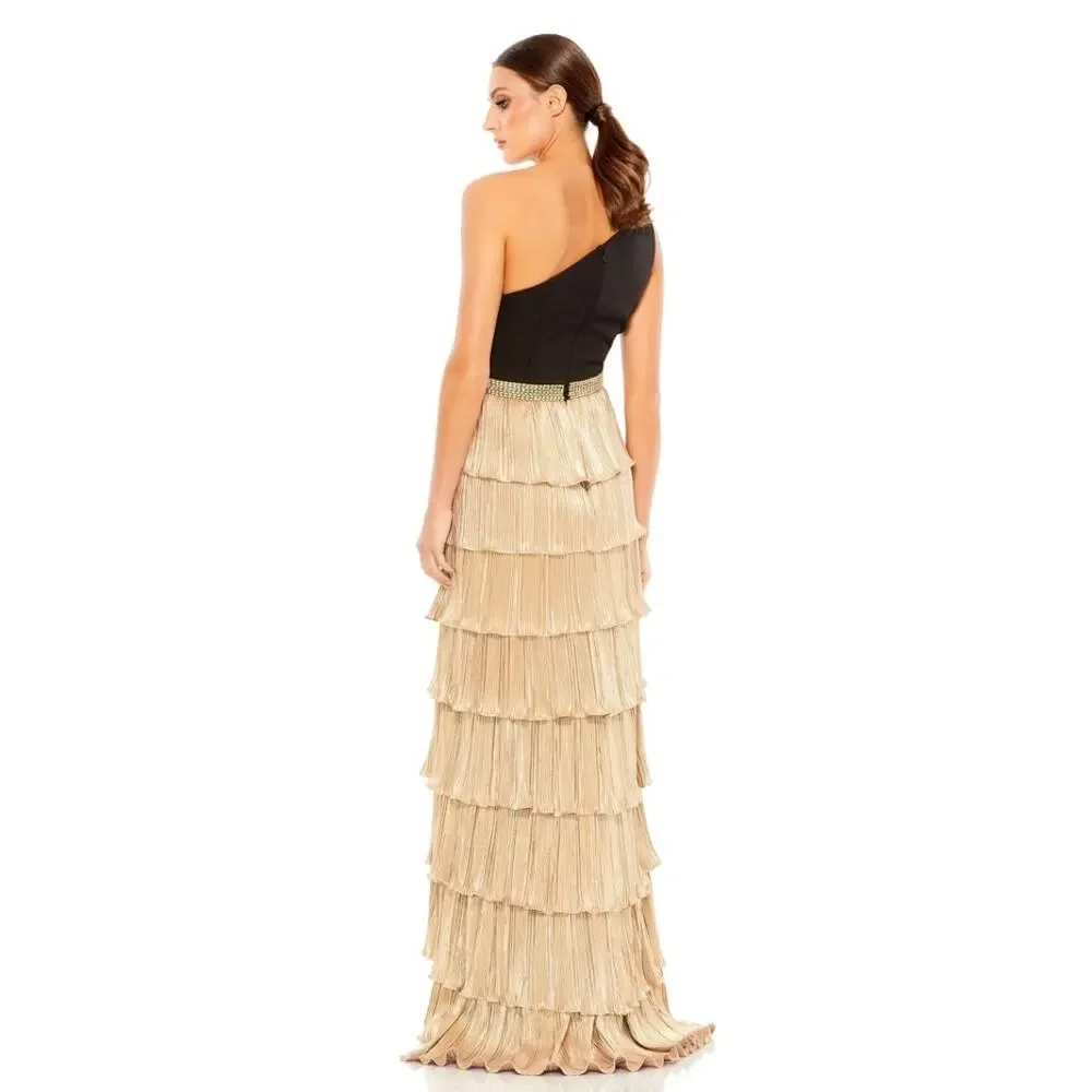 IENA for Mac Duggal One Shoulder Tiered Metallic Gown Size 14 - Picture 2 of 9